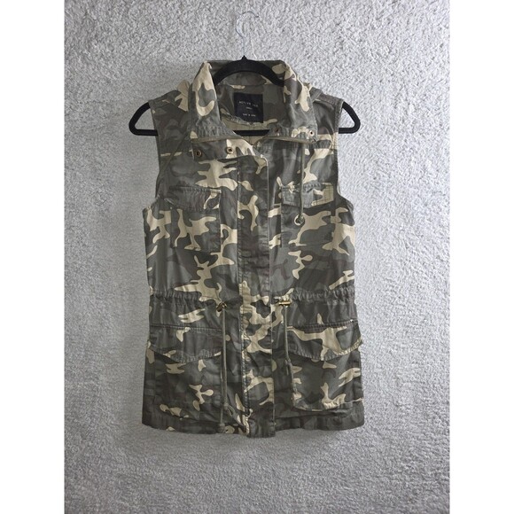 Active USA Vest Womens S Camo Hooded Utility Pockets Zip Front Drawstring Grunge - Picture 1 of 9